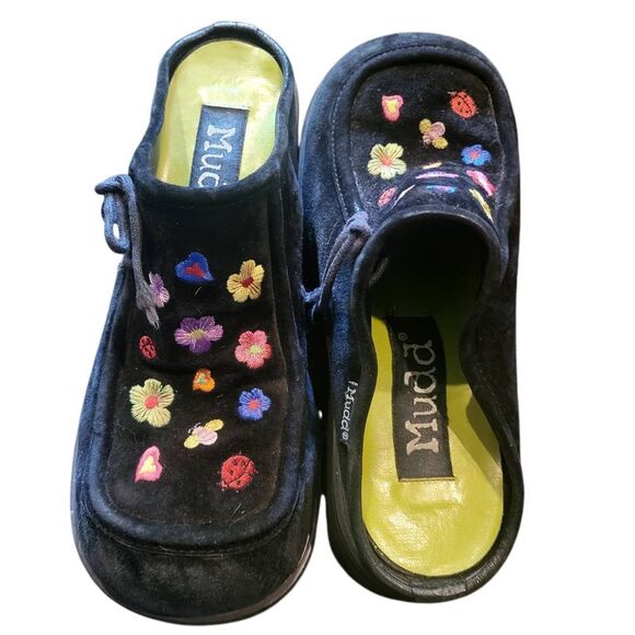 Vintage Y2K Mudd Clogs Women's 8 Black Embroidered Floral Bug Chunky Leather - Picture 4 of 7
